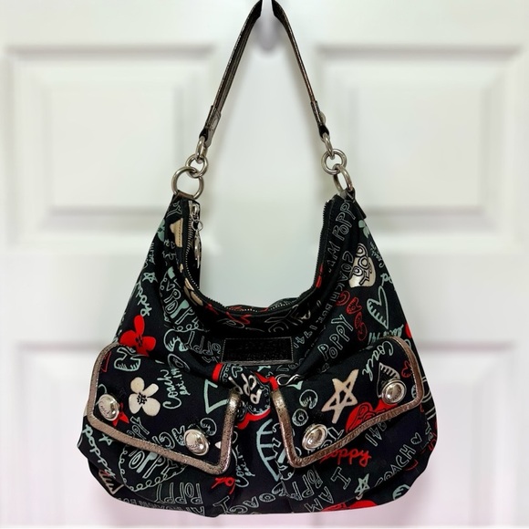2010 Coach Poppy Glam Shoulder Bag | Black Multicolor Graffiti Print | Good 👜 ✨ - Picture 1 of 15